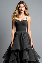 A Line Tiered Ruffled Spaghetti Straps Black Tie Dress