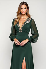 V-Neck A Line Embroidered Long Sleeve Green Formal Dress With Slit