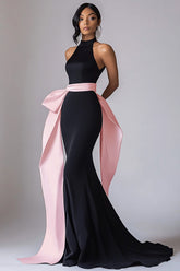 Halter Mermaid Black Tie Dress with Pink Sash