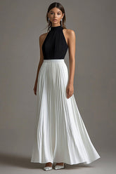 Black White Pleated A Line Halter Formal Dress