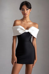 Black White Off the Shoulder Bow Satin Mini Dress