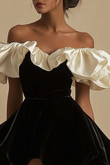 Black Ivory Velvet Ruffle Off the Shoulder Mini Dress