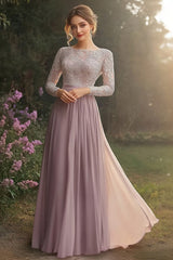 Grey Pink A Line Lace Long Sleeve Mother of the Bride Dress