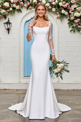 Long Sleeve Mermaid Square Neck White Wedding Dress With Lace