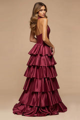 Burgundy V-Neck Satin A Line Prom Dress With Ruffles