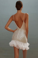Sparkly White V-Neck Mini Dress With Ruffles