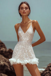 Chic White Ruffle Sequin Mini Dress