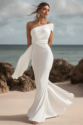 Mermaid One Shoulder Chiffon White Wedding Dress