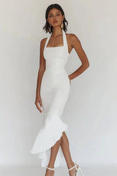 White Halter Mermaid Pleated Party Dress