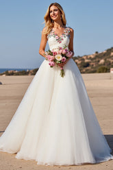 Romantic White A Line Wedding Dress with Flowers