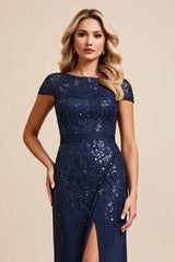 Navy Sheath Applique Long Mother of the Bride Dress with Slit