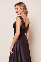 Black Satin A Line Formal Dress with Appliques