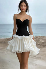 Chic Black White Sweetheart Ruffled Graduation Dress