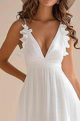 Ruffled White V Neck Asymmetrical Holiday Party Dress