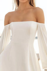 White A Line Off The Shoulder Mini Graduation Dress with Long Sleeves