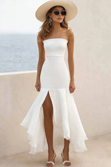 Strapless Ruffled Sheath Holiday Party Dress With Slit