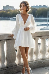White V Neck A Line Short Graduation Dress with Long Sleeves