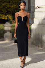 Spaghetti Straps Sheath Midi Black Tie Dress