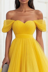 Yellow Off The Shoulder A Line Tulle Wedding Guest Dress