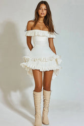Ivory Off The Shoulder A Line Ruffled Graduation Dress