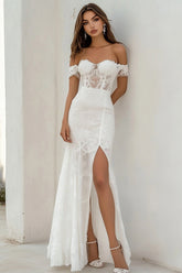 Off The Shoulder Lace White Engagement Dress with Slit