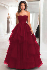 Princess Black Strapless Tulle Tiered Ruched Long Prom Dress