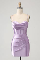 Lilac Bodycon Spaghetti Straps Corset Satin Mini Dress