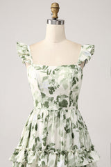 Green A Line Floral Ruffles Tiered Maxi Dress with Slit