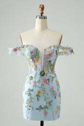 Blue Flower Bodycon Spaghetti Straps Embroidered Mini Dress