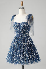 Navy A Line Spaghetti Straps Print Corset Mini Dress