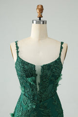 Dark Green Bodycon Spaghetti Straps Mini Dress with Appliques