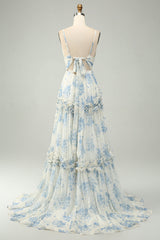 White Blue Flower A Line Long Tulle Maxi Dress with Ruffles