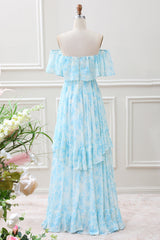 White Blue Floral Off The Shoulder Boho Maxi Dress with Ruffles
