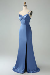 Grey Blue Satin Corset Spaghetti Straps Maxi Dress
