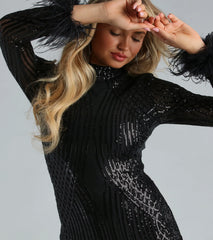 Juilette Sequin Mock Neck Marabou Dress