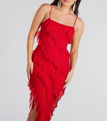 Janelle Ruffle High Slit Glitter Mesh Formal Dress