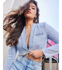 Oh So Icy Rhinestone Trim Crop Denim Blazer