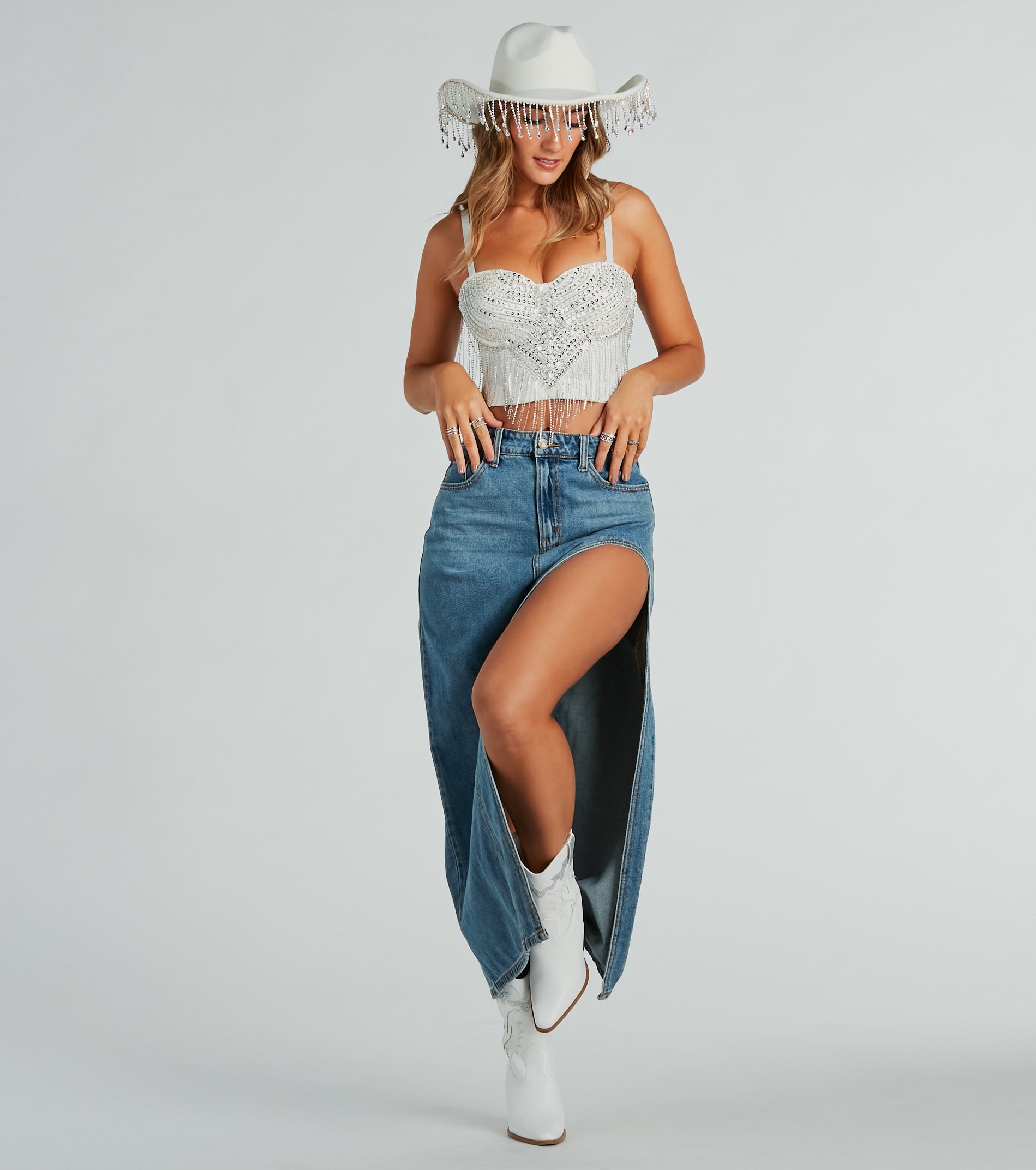 Glam Babe Iridescent Rhinestone Fringe Cowboy Hat