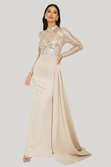 Pleated Sparkly Apricot Long Sleeves Mermaid Maxi Dress