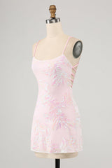 Sparkly Pink Spaghetti Straps Tight Mini Dress with Sequins