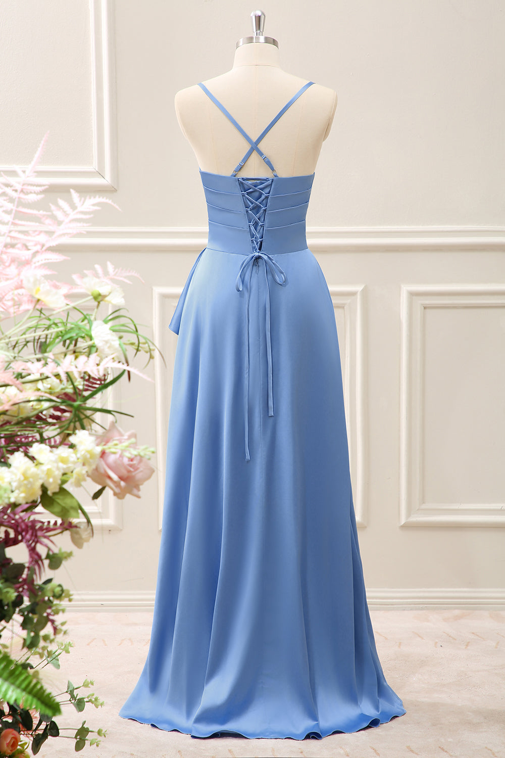 Blue A Line Ruffled Cowl Neck Asymmetrical Dress