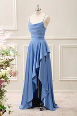 Blue A Line Ruffled Cowl Neck Asymmetrical Dress
