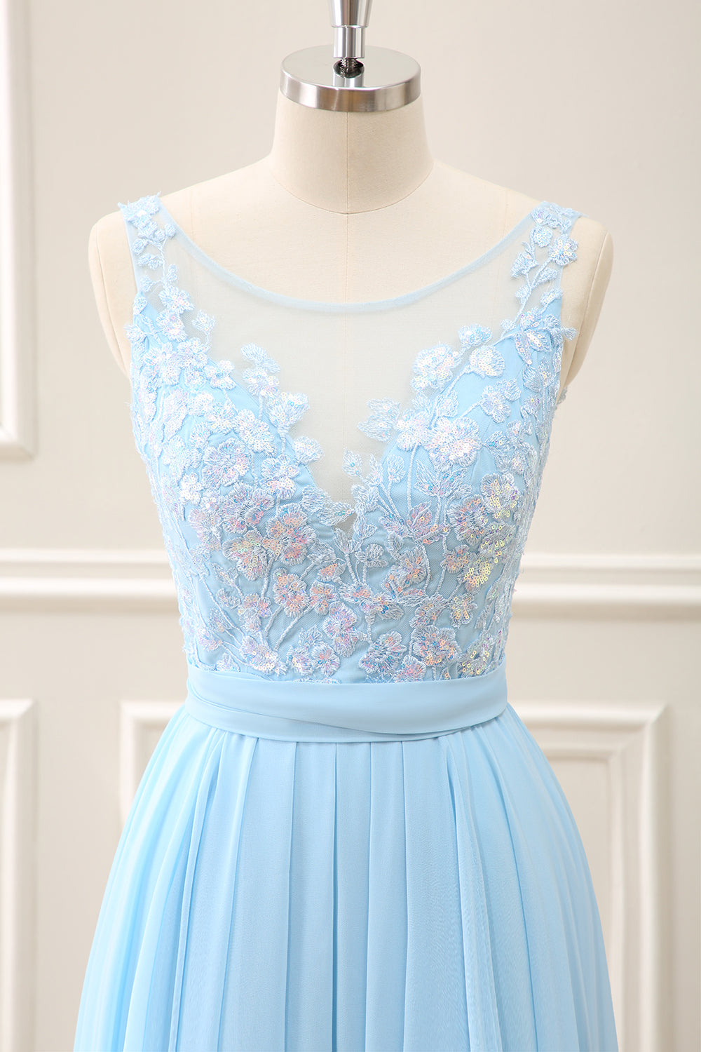 A Line Sky Blue Round Neck Chiffon Ruffled Maxi Dress with Appliques