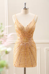 Sparkly Golden Backless Tight Homecoming Dress