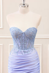 Lilac Strapless Ruched Corset Homecoming Dress with Appliques