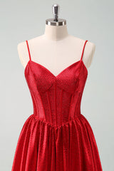 Red A Line Spaghetti Straps Corset Pleated Mini Dress