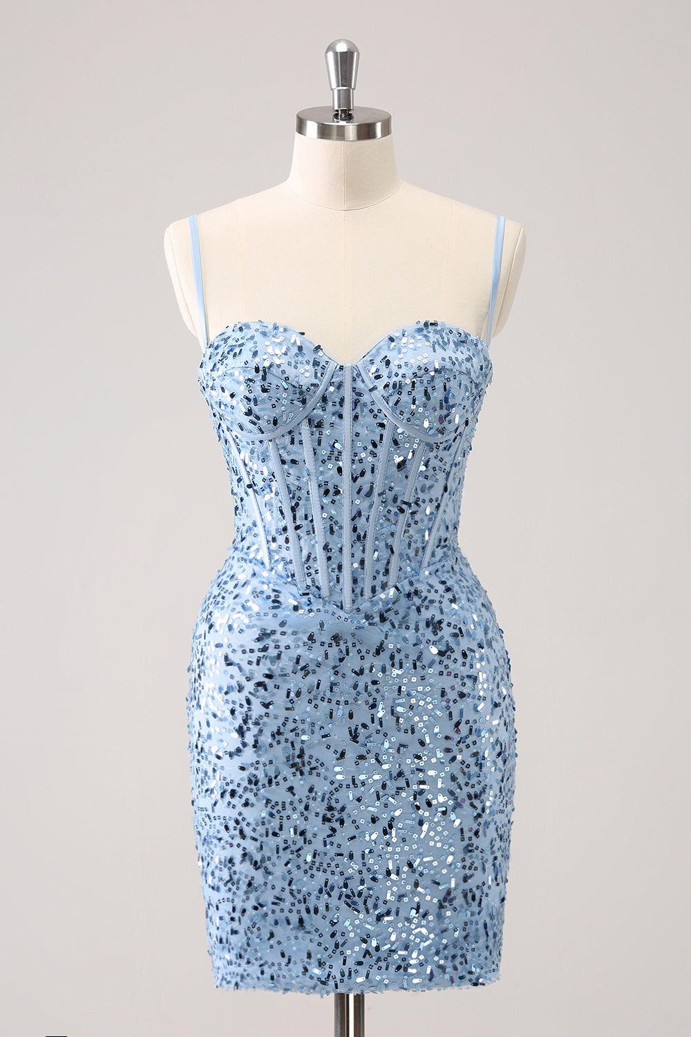 Sparkly Blue Corset Sequined Spaghetti Straps Tight Mini Dress