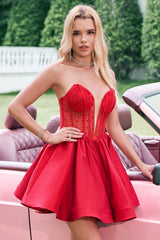 Cute Red Strapless Beaded Corset Pleated A Line Mini Dress