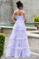 Lavender A Line Corset Spaghetti Straps Floral Tiered Maxi Dress