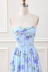 Blue Floral A Line Sweetheart Strapless Pleated Maxi Dress